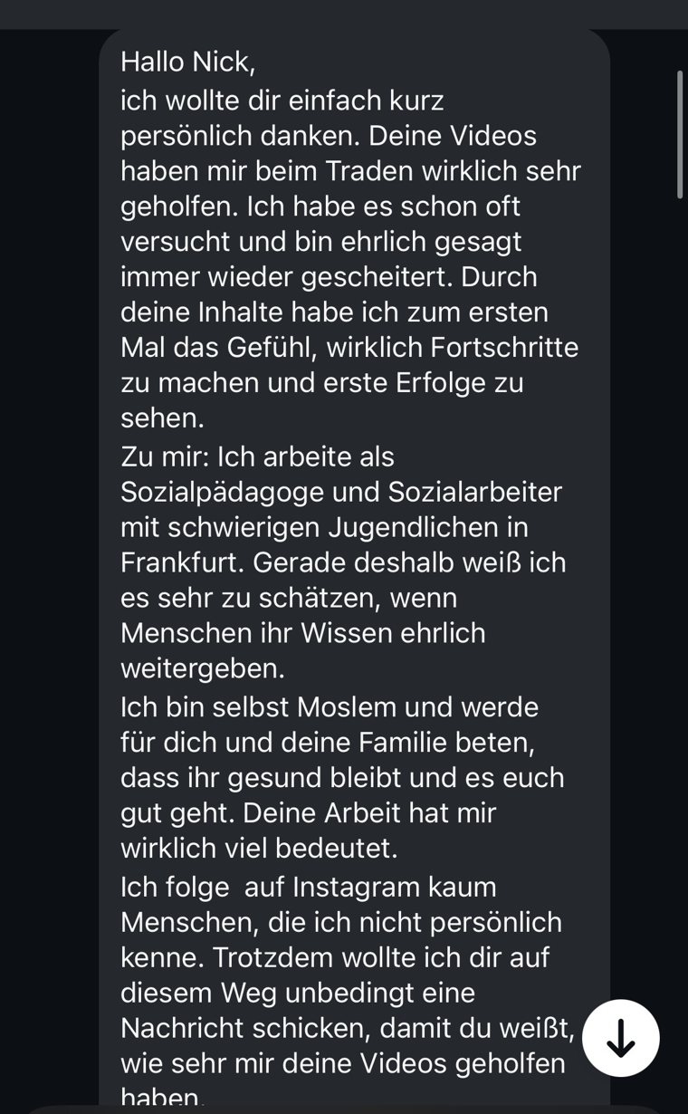 Teilnehmer-Nachricht: 'Deine Videos haben mir beim Traden wirklich sehr geholfen, erste Erfolge zu sehen'