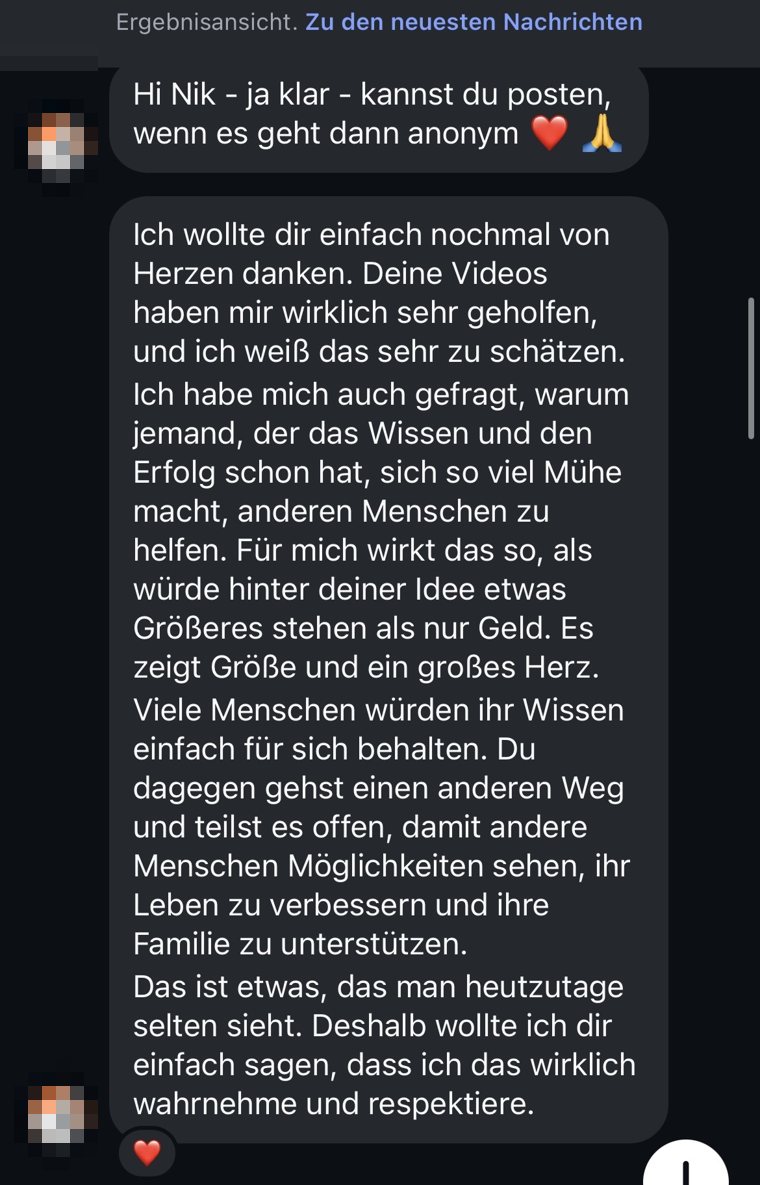 Teilnehmer bedankt sich von Herzen dafür, dass Nick sein Wissen offen teilt